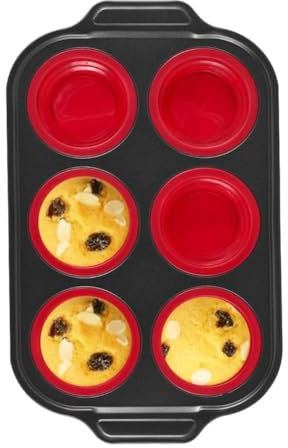 Lonrtesw Teglia per Muffin in Silicone, Teglia per Cupcake, per Cottura al Forno, in Metallo, Stampo per Uova, Stampino per Muffin, 6 Tazze, Rosso