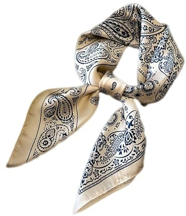 SUNFANI Elegant Paisley Print Silk Neck Scarf, Beige and Navy Blue, Traditional Pattern Design, Square Bandana Style