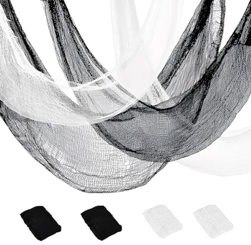 NOPKESV Paño Espeluznante de Halloween, 4 Piezas, Tela de Decoración para Fiesta Embrujada, Miedo Gasa de Algodón, Telarañas (183 x 76 cm) (2 Negro + 2 Blanco)
