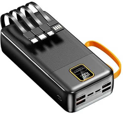 20000mAh 30000mAh Power Bank With 4 Built in Cables 120W Fast Charging 20W PD Portable Battery Charger USB C Powerbank with LED Display Stand USB-C Powerbank for all device (Black, 20000 MAH)