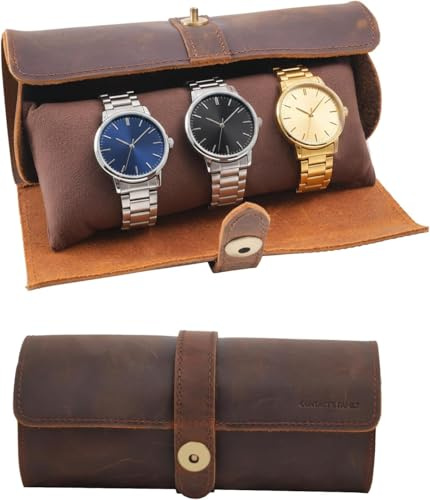 MCKDERWRILL 3 Watch Travel Case - Classic Genuine Leather Watch Roll Organizer, Handmade Portable Watch Box for Storage & Display, Luxury Gifts for Men (Brown)