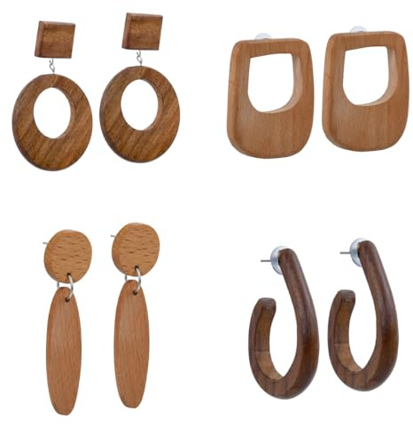 Sparkling Tales Boho Handmade Wooden Earrings Natural Lightweight Statement Jewelry for Women Eco Chic Gift (Combo2, 4)