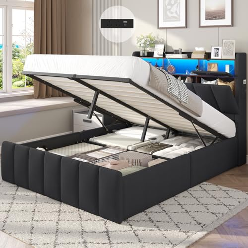 DICTAC 4ft6 Double Ottoman Bed with LED, USB Charging Station & Wooden Slats – 135x190 cm Hydraulic Lift Up Storage Bed Frame with Storage Headboard – Upholstered Double Storage Bed for Small Rooms