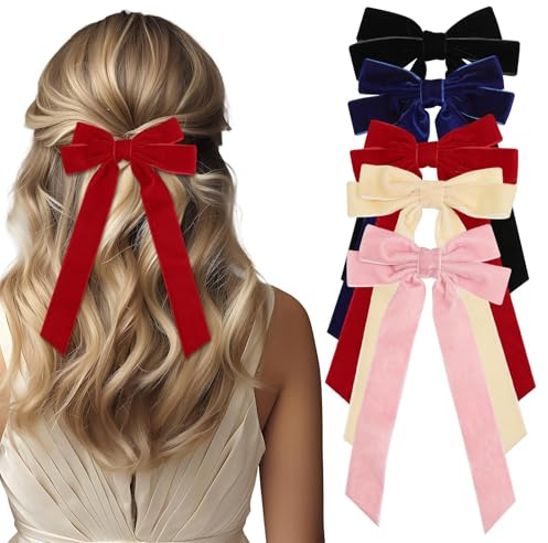 Elegante Haarschleife Im 5er Set – Samt Haarspangen In Schwarz, Rosa, Blau, Rot & Beige, Stilvolle Rote Schleife Haare Mit Clip, FranzöSische Haarschleife Damen Für Alltag & Anlass