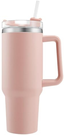 Isolerad mugg 1,2 L/40 oz med handtag och sugrör termosmugg i rostfritt stål, dubbelväggig, resemugg för varma och kalla drycker, bil, kontor, rosa