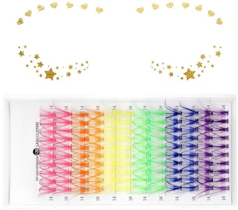AEUXZA 120er Set Bunte Wimpern Cluster & Goldene Augen-Tattoos – Regenbogen Eyelash Extensions 14/16mm Mix – Künstliche Wimpern für Fasching, Karneval & Party Make-up, Wasserfest