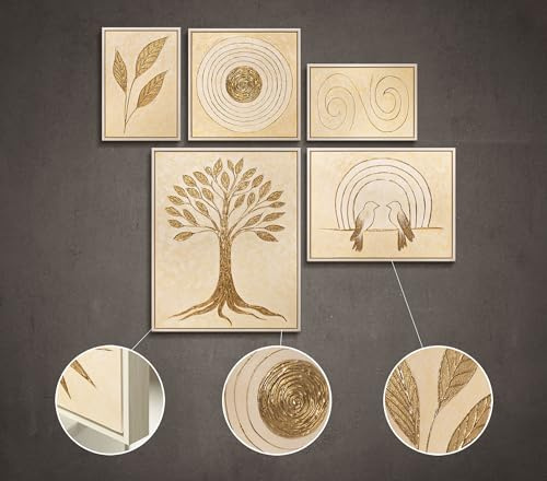 YS Set di quadri da parete dipinti a mano su tela, decorazione dorata, albero della vita, sole, uccelli, quadri in acrilico, moderni, 90 x 80 cm