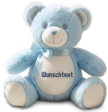 Luteus Design Personalisiertes Kuscheltier Teddybär mit Wunschtext – Blau – Geschenk zur Geburt, Babyparty & Taufe – EN71 Geprüftes Plüschtier ab 0 Monaten(M 20x20, Blau)