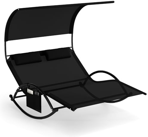 COSTWAY Sonnenliege für 2 Personen, Doppelliege mit Dach, Seitentasche und 2 abnehmbaren Kopfstützen, Gartenliege, Schaukelliege bis 300 kg belastbar, Relaxliege für Garten, Terrasse (Schwarz)