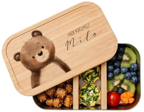 Manufaktur Liebevoll Personalisierte Brotdose mit Namen für Kinder Lunchbox Waldtiere Frühstücksdose Kindergarten Schule Einschulung Mädchen Jungen 2 Größen (Bär, Weißblech | Größe S (18x10x5cm))