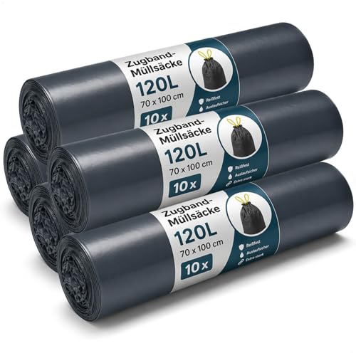 com-four® 50x Müllsäcke 120L mit Zugband, reißfeste Müllbeutel 70 x 100cm | extra starke Abfallsäcke flüssigkeitsdicht und verschließbar - für Haushalt - Garten und Gewerbe