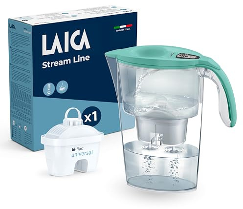 LAICA Stream Line Caraffa Filtrante - 2,3L, Timer Digitale, Verde Acqua | Filtro bi-flux universal x1 incluso, preserva sali minerali, riduce cloro, calcare e microplastiche, Made in Italy