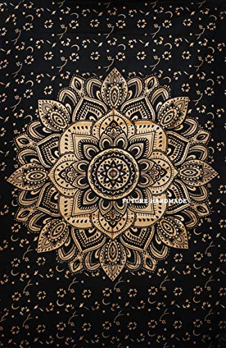 FUTURE HANDMADE Future, handgefertigtes Bettlaken mit Mandala-Motiv, Schwarz und Gold