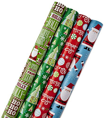 Hallmark Reversible Quad Pack Wrapping Paper (Santa & Trees, 4 Gift Wrap Rolls)