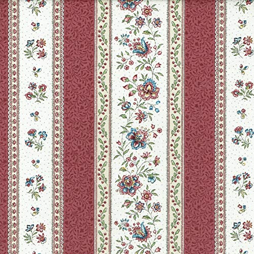 Textiles français Stoff Meterware Baumwolle - Provençal Streifen Blumenstoff GORDES (Altrot und Elfenbein mit Rosa, Grün und Beige) | 100% Baumwolle Stoff | Stoffbreite: 160 cm (pro Laufmeter)*