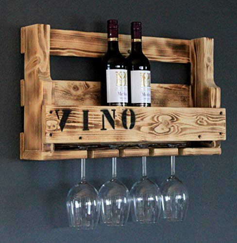 Weinregal aus Holz für die Wand - mit Gläserhalter und VINO Schriftzug - Geflammt - fertig montiert - Regal für Weinflaschen und Weingläser