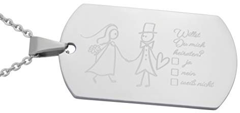 Hanessa Personalisierte Kette mit Gravur Edelstahl 50 cm mit Anhänger Willst du mich Heiraten? / Ja/Nein/Weiß Nicht Dog Tag in silber - Personalisierte Halskette für Freundin Freund