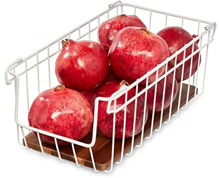 iDesign La colección Ría Safford Frutero de Alambre, Caja Frente Abierto de Metal Lacado Acacia, Cesta organizadora con Asas para despensa y hogar, Color Blanco y Madera, 18/8 Stainless Steel