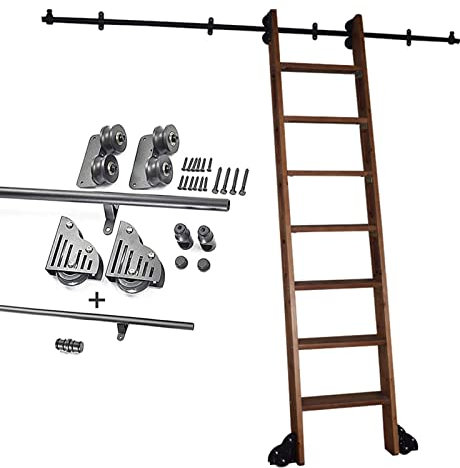 Kit de Quincaillerie Porte de Grange Coulissante Bibliothèque de matériel à échelle de roulement Kit de matériel à échelle coulissante, ensemble complet de matériel pour rail suspendu à l'échelle coul