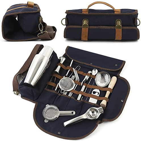 Kit de barman de voyage, ensemble de bar de voyage, ensembles de mixologie portables, 23 pièces, bleu foncé, argent, accessoires de barman professionnels, mélangeur à cocktail, sac à outils de bar