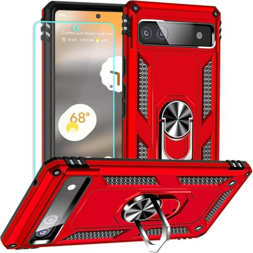 Yiakeng Für Pixel 6A Hülle, Stoßfest Schutzhülle Mit Ring Standfunktion Case Cover (Rot)