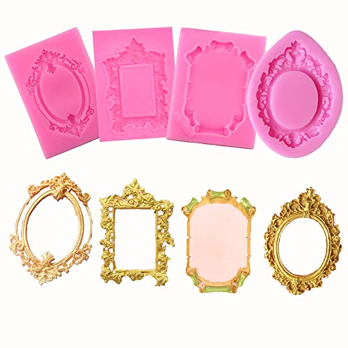 4PCS Baroque Style Curlicues Scroll Lace Photo Frame Silicone Molds for DIY Fondant Candy Making Chocolate Mold Desserts Gum Clay Biscuit Plaster Resin Cupcake Topper Cake Border Decor Moulds