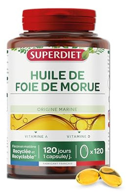 SUPERDIET - HUILE DE FOIE DE MORUE - Source de Vitamine A et Vitamine D - Nutrithérapie - Conditionné en France - 120 capsules