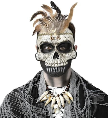 MIMIKRY Voodoo Totenkopf Maske mit Knochen und Federn Halloween Kopfschmuck