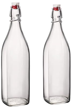 Bormioli Rocco Juego de 2 botellas cuadradas de vidrio con tapa hermética hermética, botellas de kombucha, cerveza y limoncello, aptas para lavavajillas, fabricadas en Italia. 33.7 onzas