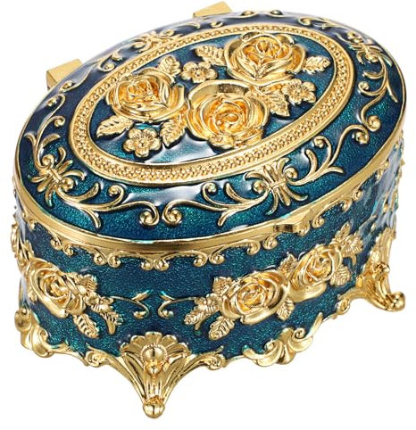 SUMNACON Vintage-Schmuckschatulle aus Metall, dekorativer kleiner Schmuck-Organizer mit Deckel, ovale Retro-Aufbewahrungsbox für Ringe, Ohrringe, Halskette (blau)