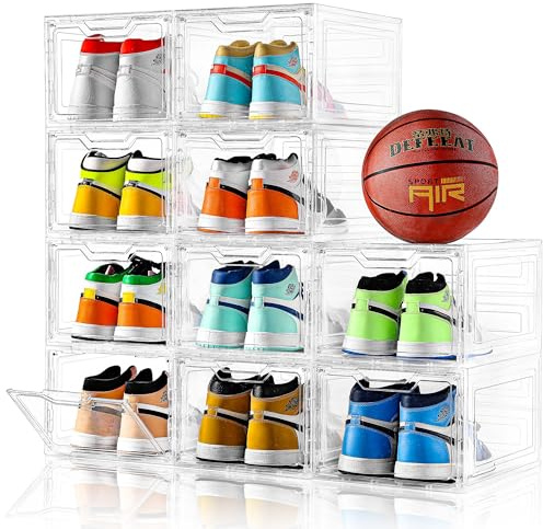 10 Pack Large Shoe Boxes Clear Plastic Stackable,Shoe Storage Organizer with Lids,Shoe Rack for Closet,Shoe Organizer and Shoe Containers for Sneaker Storage, Shoe Display Case Fit up to US Size 13