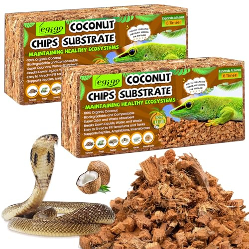 Legigo 2 Pack Coconut Chip Substrate for Reptiles, Natural Coco Husk Chip Reptiles Bedding, Compressed Coconut Chip Substrate for Snake, Tortoise, Ball Python, Gecko, Lizard Terrarium Tanks