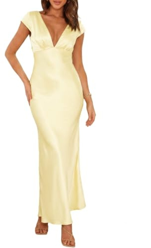 Halfisland Robe Longue d'été en Satin avec col en V et Mancherons Dos Nu - Élégante Robe midi torsadée pour invitées de Mariage, Jaune, Taille XS