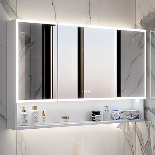 DELURA Spiegelschrank mit LED Beleuchtung 3-Türig anpassen (90x 70 x 13 cm), Badschrank, Beleuchtet Badezimmerschrank, LED Farbe und Zubehör zur Auswahl (Color : WH)