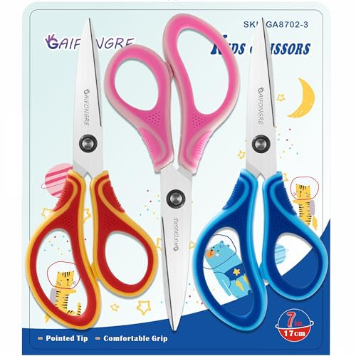 17,8 cm Scheren für Schüler, 3 Stück, spitze Klingen, Kinderscheren im Alter von 8–10, 8–12, 8–16 Jahren, für Schul-Bastelprojekte, ideal für Heimwerker, Kunst, Zuhause, Rot/Rosa/Blau