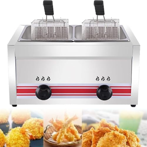Friteuse à Gaz Professionnelle, Friteuse Professionnelle,avec paniers et couvercles de friteuse, pour Famille Restaurant Commercial Frites,Doublecylinder10L+10L