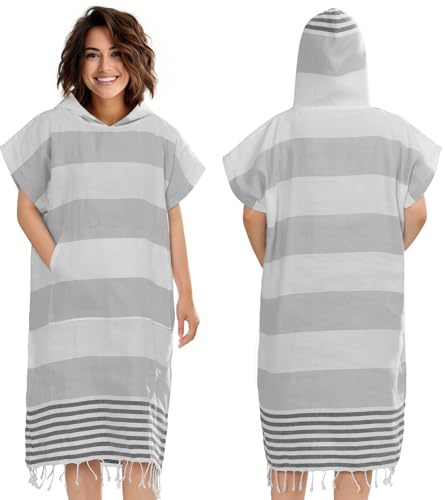 JEMIDI Hammam Poncho - Quick Dry Lightweight Adult Beach Robe Towel with Hood - Changing Hooded Adults Poncho - For Beach Swimming Surf Sauna - Grey Size S/M