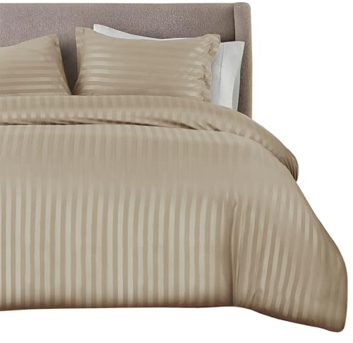 QATAN Premium Hotel Quality Satin Stripe Duvet Cover Set with Pillowcases | Reversible Hypoallergenic Soft Quilt Bedding | Easy Care Breathable Luxury Linen (Beige, Double)