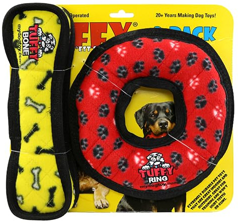 TUFFY - World's Tuffest Soft Dog Toy- Medium Red Ring & Yellow Bone- 2 Pack. Squeakers-Multiple Layers.Made Durable, Strong & Tough.Interactive Play(Tug, Toss & Fetch).Machine Washable & Floats