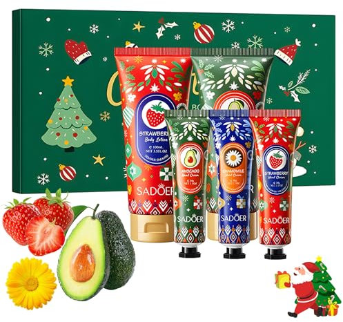 Weihnachtliches Handcreme & Körperlotion Geschenkset – 2×100ml Körperlotionen und 3×30ml Handpflegecremes Feuchtigkeitspflege für trockene Hände, Weihnachtsgeschenkset für Frauen/Damen/Mama/Männer