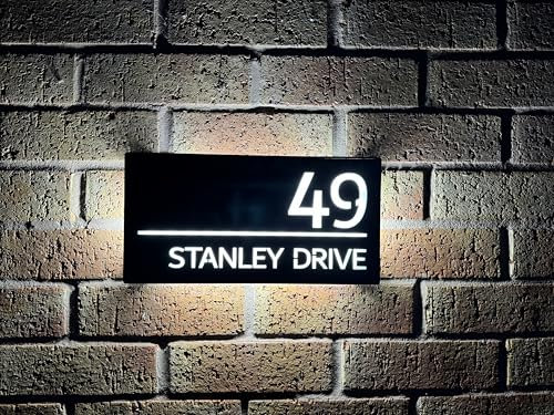 One of a kind design UK Personalised LED Illuminated House Sign with 85 LEDs, Laser Cut Modern Hardwired Wall Light with Address Display - Auto ON/OFF Water-Resistant 305x155 MM (Black, SHL-30X15)
