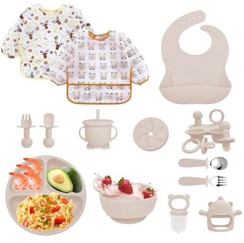 Bizcasa Vajilla Bebe Silicona, 14 Piezas Vajilla de Silicona para Bebés Antideslizante, Cubiertos Bebe para comer destete con Plato Cuenco Babero Taza Mordedor Fruta Bebe, Sin BPA (Beige)