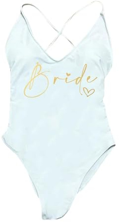 Nogkdyc Roséguld Tryckta Brudbaddräkter Dam Baddräkt Endelad Baddräkt Vadderad Sexig Sommar Bröllop Fest Brudmode Monokini(S/Brud Vit & Guld)