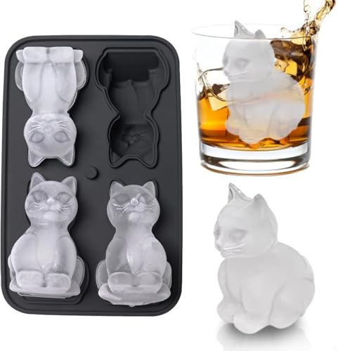 Isbitsform, isbitsbehållare, katt isbitsbricka form – 3D katt form isbitsbrickor, söta isbitsformar för whisky bourbon, 4-håls stora roliga former isbitsbrickor