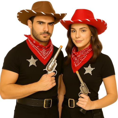 labreeze Costume de cowboy pour couple - Chapeau rouge et marron avec accessoires - Déguisement western