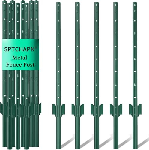 Sptchapn 91cm / 3ft Metal Fence Post, Pack of 10, Strong and Durable U-Fence Post No Digging Green T-Posts forYard, Garden Patio, Outdoor Wires (10)