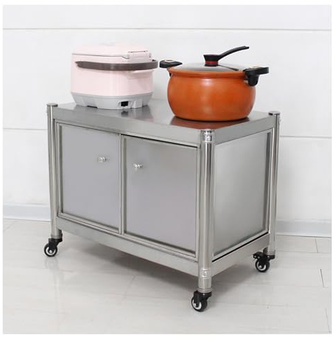 SZITW Banco da Lavoro con Doppio mobiletto portaoggetti e sportello in Acciaio Inox, Tavolo da Preparazione per Cucina e Ristorante, Tavolo da Lavoro Multifunzionale con Ruote (70x50x54 cm/27,5x19