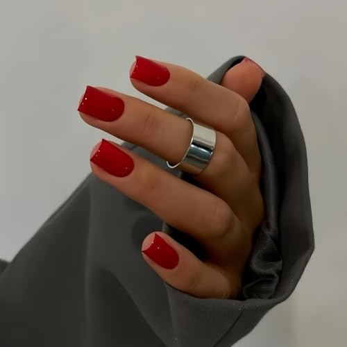 KQueenest Press on Nails Kurz – Sheer Hellrot Nägel zum Aufkleben Kurz, Einfarbig Eckig Fake Nails, Quadratische Künstliche Nägel Set für Frauen & Mädchen, 24 Stück