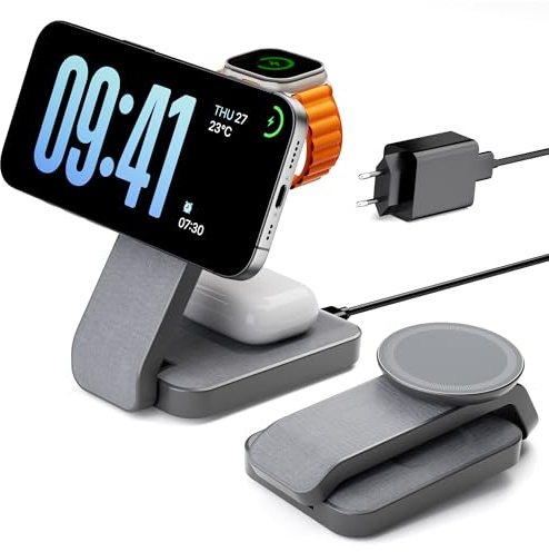 Eazpower Magsafe Ladestation für Apple Watch und iPhone 3 In 1 Faltbar, iPhone Ladestation Magsafe Ladegerät Schnellladefunktion mit Nachtlicht für iPhone 17~12, Apple Watch 11~2, AirPods - Anthrazit