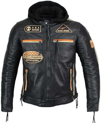 ALPHA SPEEDS Herren Motorradjacke Lederjacke Biker Jacke mit Protektoren Leder Jacke mit Kapuze Leather Jacket Fashion Jacket Custom